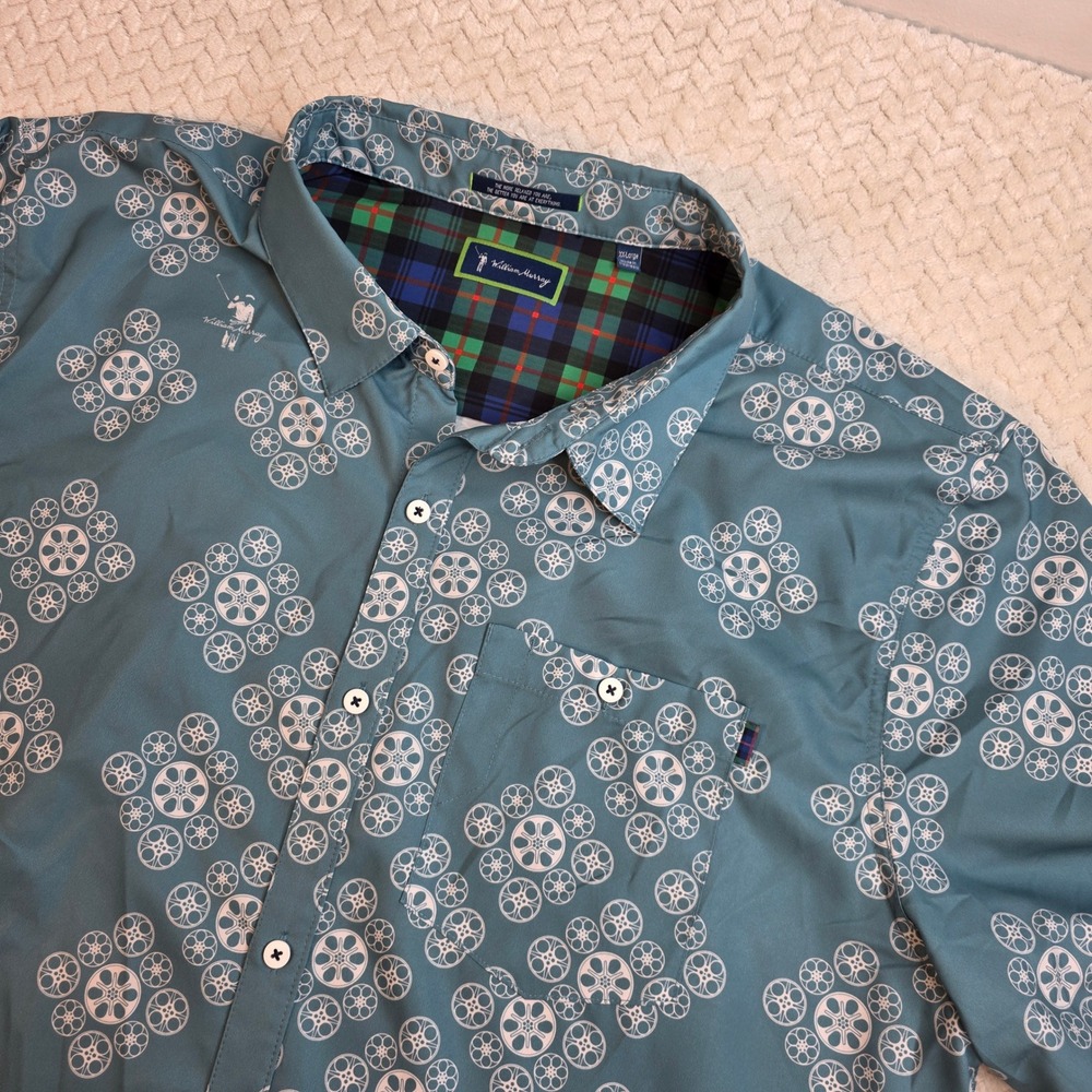 William Murray Golf Mens XXL Blue Movie Film Reel Print Short Sleeve Button Down